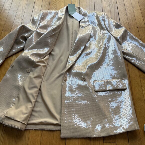 H&M Size L NEW Beige Sequined Glam Rock Party Peak Lapel Blazer Jacket - Picture 13 of 16